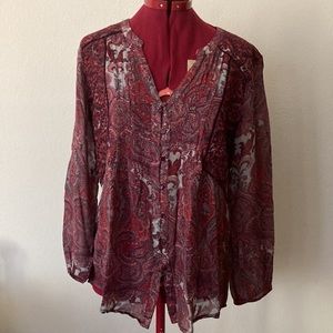 Lucky Brand long sleeves red & grey tunic blouse. Size L Made in India